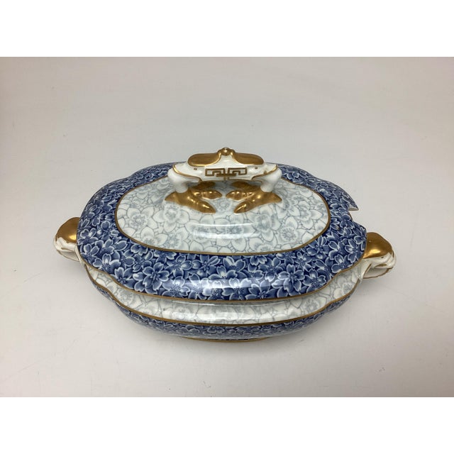 Antique Royal Worcester Blue White and Gold Sauce Tureen with Elephant Handles. 9 inches wide elephant handle to elephant...