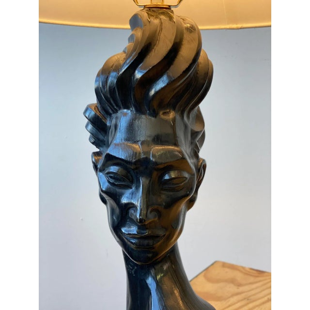 Black Vintage Rare Stylized Hand-Carved Oak Male Bust Lamp, Circa 1950s For Sale - Image 8 of 13