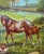 Original chromolithograph illustration of a brown mare and her foal in a lush pasture appears to be a mid-century...