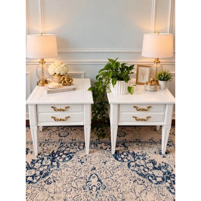 Vintage Brandt Louis XVI–Style White Painted Two-Drawer Nightstands — A Pair For Sale - Image 9 of 9