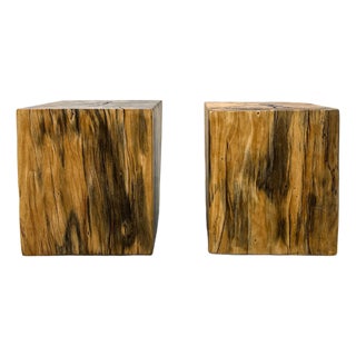 Vintage Sculptural Spalted Maple Wood Block Stools or Side Tables, Pair For Sale