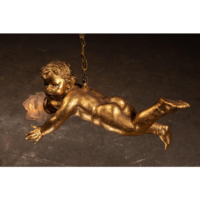 Mid 20th Century Vintage Gilt Paint Figural Cherub Hanging Light For Sale - Image 5 of 9