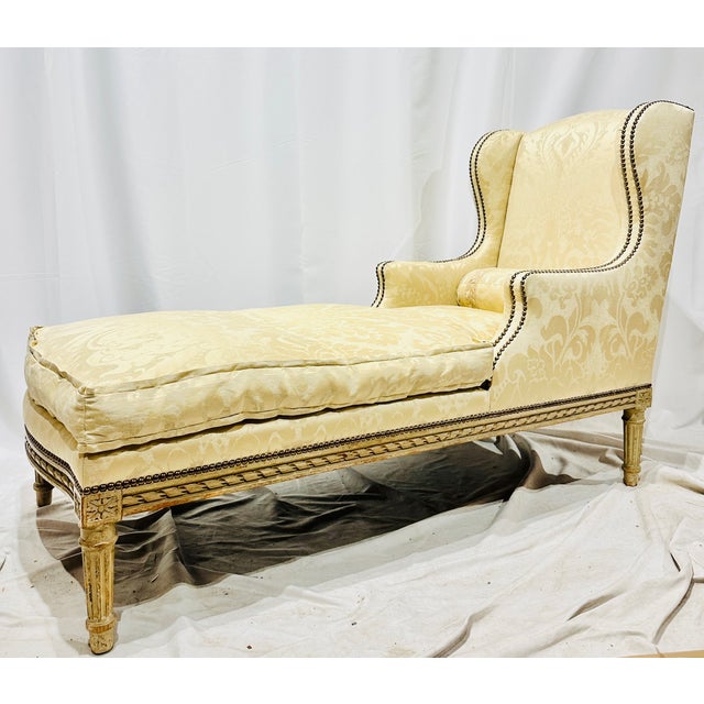 Louis XVI style Chaise Lounge with Matching Lumbar pillow and double nailhead detail, as well as down cushion. Original...