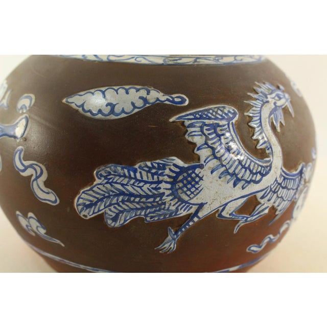 18th Century Chinese Export Kendi Jug Vessel Brown Purple Clay & Blue & White Feng Huang For Sale - Image 10 of 12