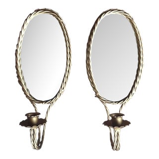Vintage Gold Metal Rope Mirrored Candle Sconces - a Pair For Sale