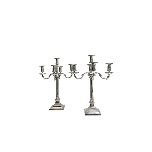 Mid-Century Modern Large Empire Silverplated Brass Five-Arm Candelabras, 1940s, Set of 2 For Sale - Image 3 of 14