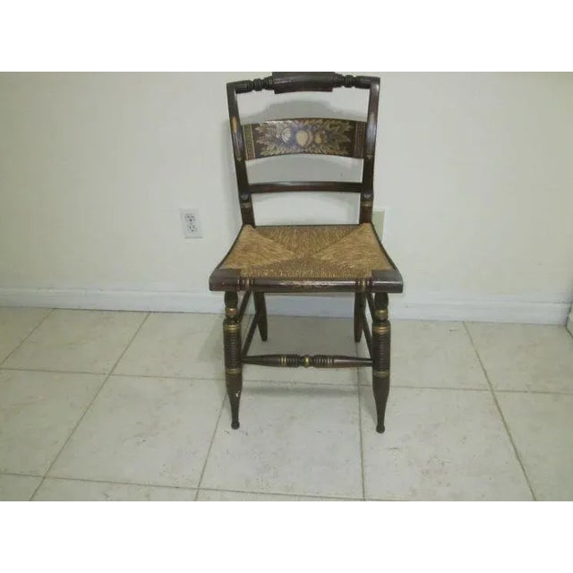 Early 1900s Antique Hitchcock Style Black Gold Stenciled Farmhouse Rush Seat Side Chair For Sale In Naples, FL - Image 6 of 12