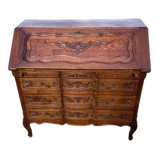 Vintage French Country Carved, Drop Front Secretary Desk For Sale