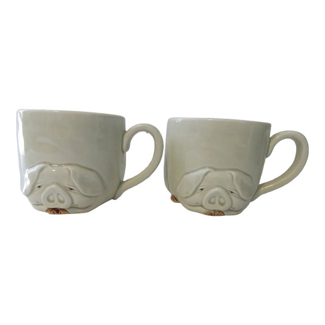 Fitz & Floyd Vintage 1977 Embossed Porky Ceramic Cups- a Pair For Sale