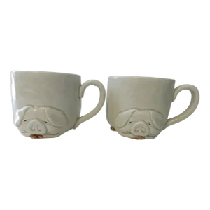 Fitz & Floyd Vintage 1977 Embossed Porky Ceramic Cups- a Pair