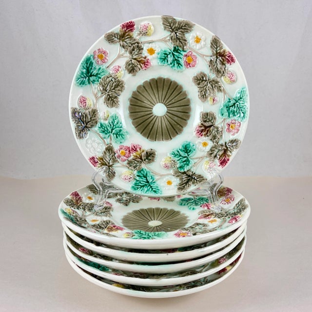 From Wedgwood, a charming and delightful set of six majolica glazed Fruit Dishes, in the Strawberry pattern, date marked...