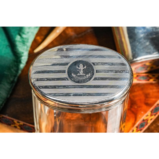 1900s Edwardian Armorial Coat of Arms Antique Sterling Silver Engine Turned Vanity Dressing Table Grooming Brushes Bottles Jars For Sale - Image 15 of 18