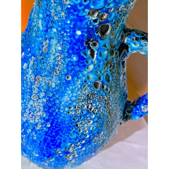 Fat Lava ceramic pitcher probably made at the "Ateliers du Cyclope" in Annecy France Turquoise Enamels Sea foam or glacier...