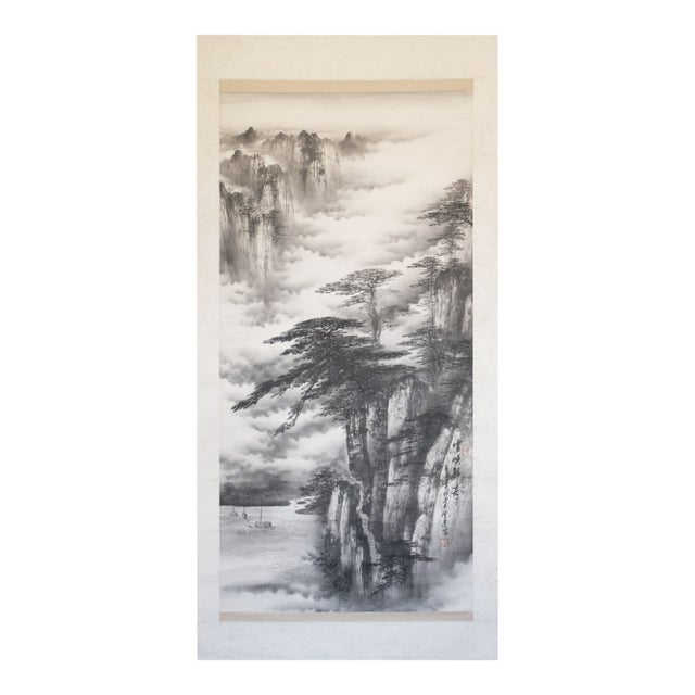 XL 1900-1940s Ink Landscape by Keihou, Japanese Scroll Painting For Sale
