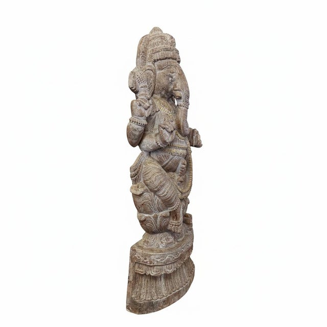 Far Pavilions Solid Wood Hand Carved 35 In. Tall Ganesha Statue in Distressed White Finish For Sale - Image 4 of 7