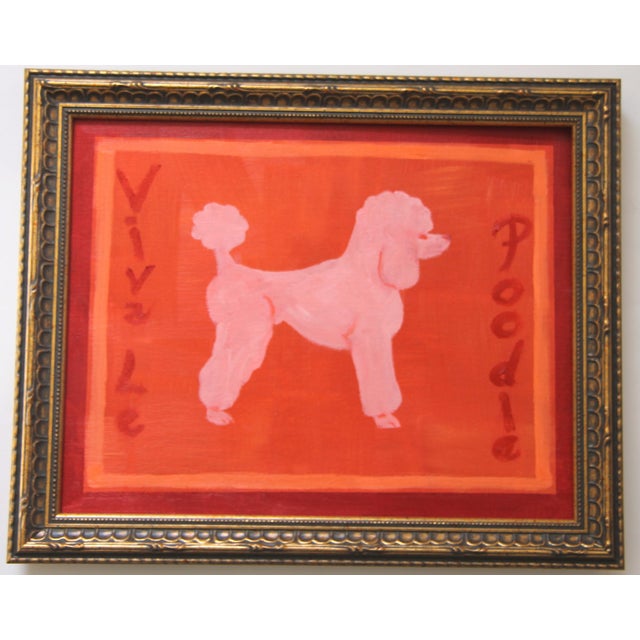 French Poodle in tropical colors using shades of apricot and orange and crimson with a double border. Minimalism,...