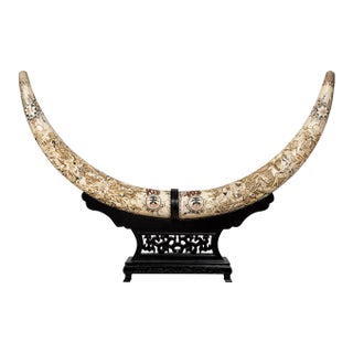 Extra Large Vintage Chinese Carved Horn Sculpture on Stand, 52” For Sale