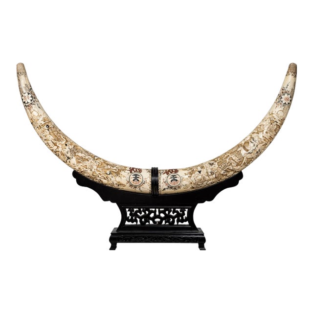 Extra Large Vintage Chinese Carved Horn Sculpture on Stand, 52” For Sale