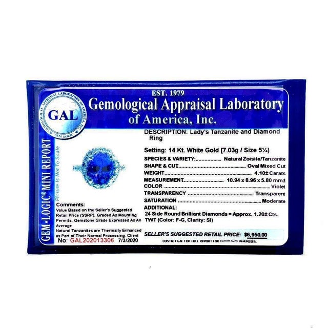 1990s Tanzanite Diamond Ring 14 Kt 5.30 TCW Certified, Size 5.25 For Sale - Image 11 of 11