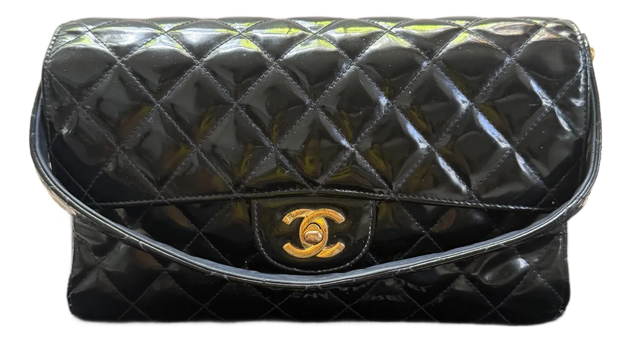 1990s Chanel Vintage Patent Leather Double Sided Flap Bag Coco