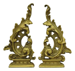 Vintage French Rococo Style Small Brass Bronze Acanthus Leaf Andirons - A Pair