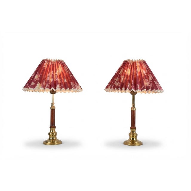 Brass and Wood Table Lamps with Pleated Floral Shades, 1970s, Set of 2 For Sale - Image 11 of 12