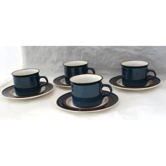 Contemporary Vintage 70s Haniwa Ranmaru Capri Pattern Stoneware Cups & Saucers - 8 Pieces For Sale - Image 3 of 13