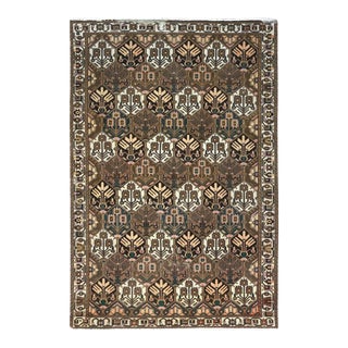 1960s Almond Brown, Vintage Persian Bakhtiar With Repetitive Diamond Patch Design, Distressed Wool Hand Knotted, Rug For Sale