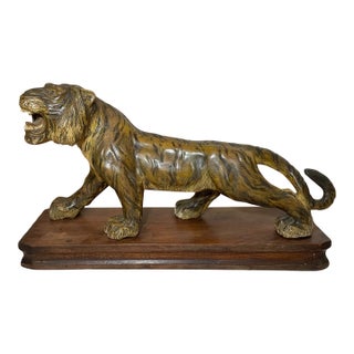 Large 1800's Antique Hand Carved Wood Japanese Tiger Meiji Sculpture Statue Art For Sale