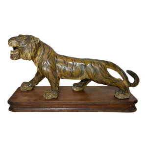 Large 1800's Antique Hand Carved Wood Japanese Tiger Meiji Sculpture Statue Art