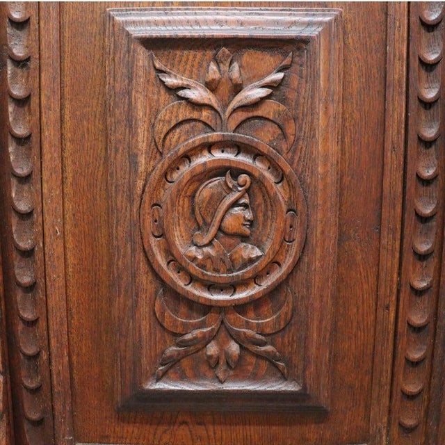 English Jacobean Carved Oak Sideboard With Ornate Stained Glass C1900 For Sale - Image 11 of 16