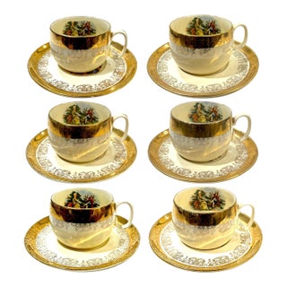 Mid 20th Century 22 Carat Crest-O-Gold Cup Sand Saucers by Sabin - 6 Sets - 12 Pieces For Sale