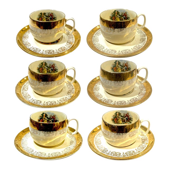 Mid 20th Century 22 Carat Crest-O-Gold Cup Sand Saucers by Sabin - 6 Sets - 12 Pieces For Sale