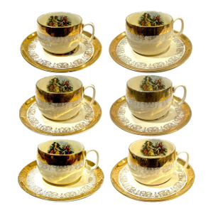 Mid 20th Century 22 Carat Crest-O-Gold Cup Sand Saucers by Sabin - 6 Sets - 12 Pieces