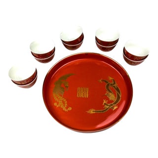 Vintage Arita Japanese Cinnabar Red and Gold Overlay Porcelain Wedding Tea Set For Sale