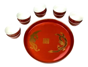 Vintage Arita Japanese Cinnabar Red and Gold Overlay Porcelain Wedding Tea Set