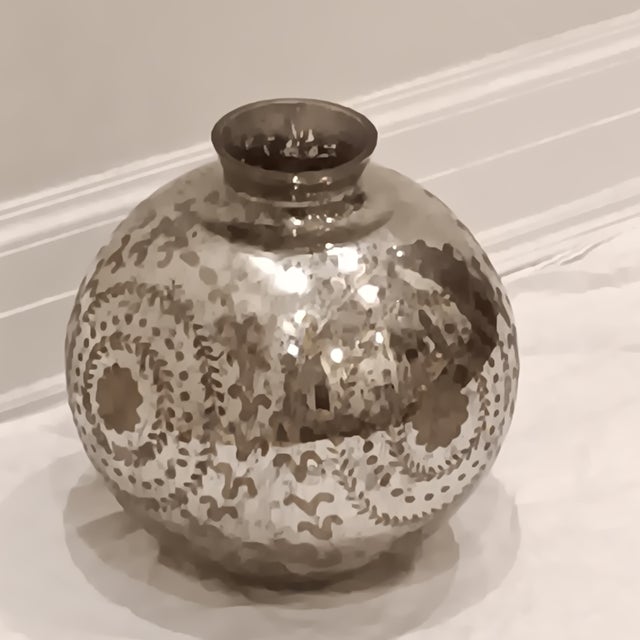 Glass Vintage Antique Mercury Glass Vase With Hand Painted Raised and Textured Gold Leaf Motif For Sale - Image 7 of 8