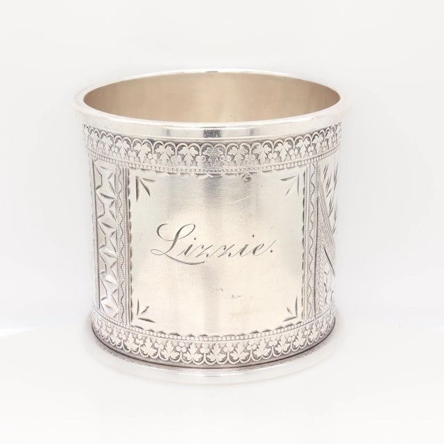 Antique Victorian Heavy Gauged Sterling Silver Napkin Ring Engraved 'Lizzie' For Sale - Image 4 of 11