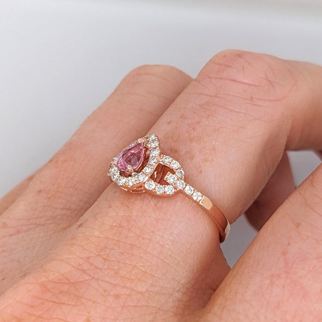 Modern Pink Imperial Topaz Ring W Earth Mined Diamonds in Solid 14k Rose Gold Size 6.75 For Sale - Image 3 of 10