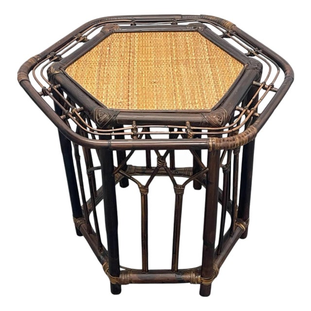Vintage Hexagonal Organic Rattan Side Table With Woven Inset Top – Hollywood Regency For Sale