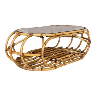 Vintage Coastal Sculptural Rattan Coffee Table With Original Smoked Glass Top For Sale