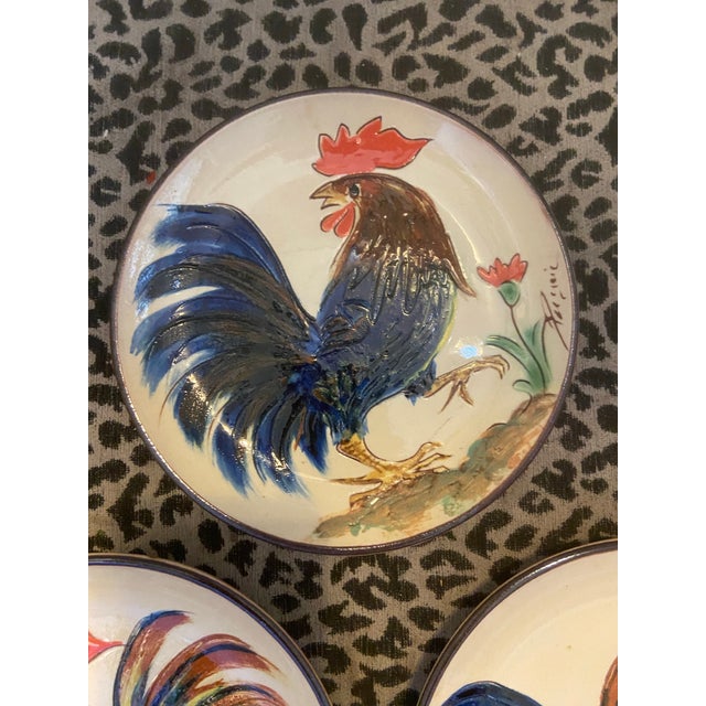 Late 20th Century Vintage Portuguese Low Relief Pottery Rooster Plates For Sale - Image 5 of 12