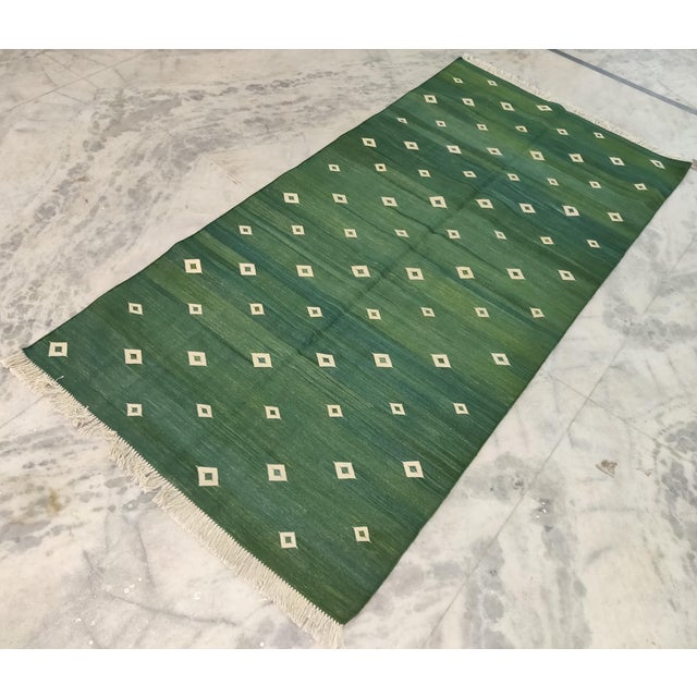 Forest Green Handmade Cotton Forest Green Diamond Runner, Green and White -2.5'x12' For Sale - Image 8 of 8