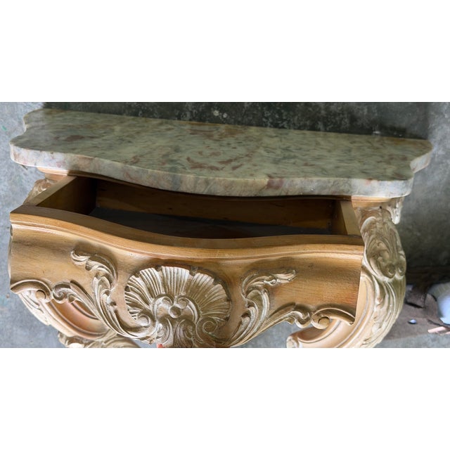 Almond Vintage Marshall Field & Company Spanish Reproduction Marble-Top Demi-Lune Console Table For Sale - Image 8 of 9