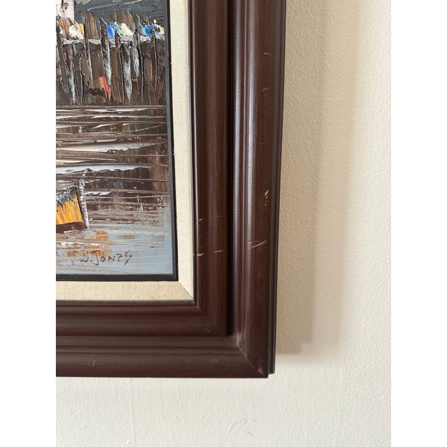 Wood Vintage Midcentury Oil Painting of Boats in a Harbor, Framed and Signed W. Jones For Sale - Image 7 of 9