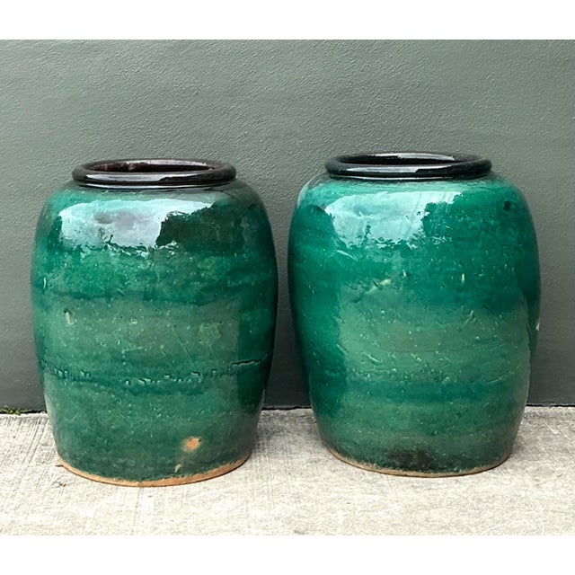 Vintage Green Glazed Earthenware Vessels - A Pair For Sale - Image 14 of 18