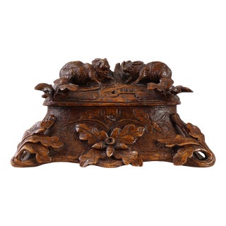 Antique Swiss Black Forest Hand-Carved Jewelry Box in Oak, 1800s For Sale