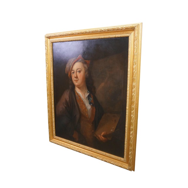 Antique oil painting by Johan Herman Cabot. It features a typical 18th-century man dressed in painter's guise, wearing a...