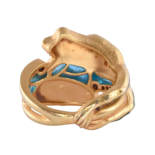 2000s Masriera 18k Enamel Frog & Water Lily Ring Size 6.5 For Sale - Image 4 of 8