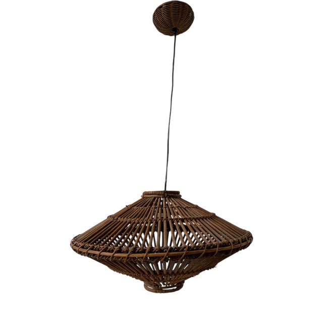 Italian UFO Pendant Light in Wicker, 1960s For Sale